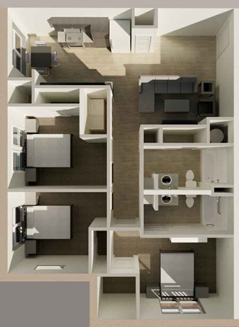 Floor plan for 3 beds, 2 baths, 1039 sqft
